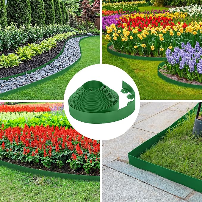 3-Inch x 100 FT Landscape Edging Border Kit with 150 Stakes, Plastic Garden Edging Border, Flexible No Dig Lawn Edging Border for Garden Flower Beds Yard Pathway Paver (Green)