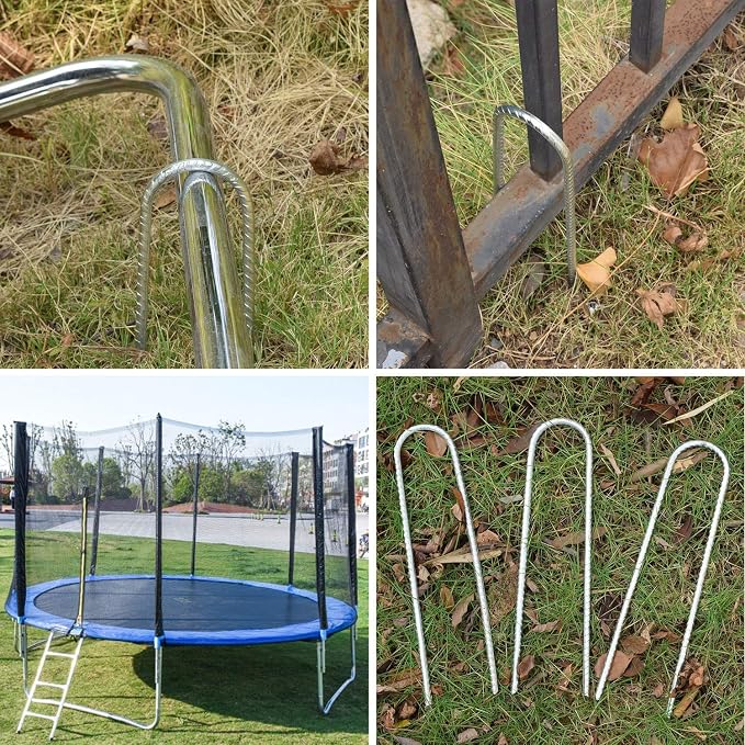 AAGUT Trampoline Stakes 12 Inch 6 Pack, 3/8 Inch Trampoline Tie Down Anchor Kit High Wind Heavy Duty, Galvanized Steel Trampolines Accessories U Shaped Ground Rebar Stakes for Soccer Goal, Swing Set