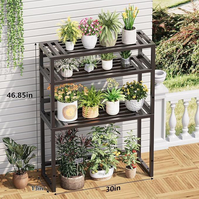 Plant Stand Indoor Outdoor,3 Tier Ladder Metal Plant Stands Riser,Heavy Duty Wrought Iron Plant Shelves for Multi Large Pots,Black Tiered Flower Display Holder for Living Room,Patio,2-Pack