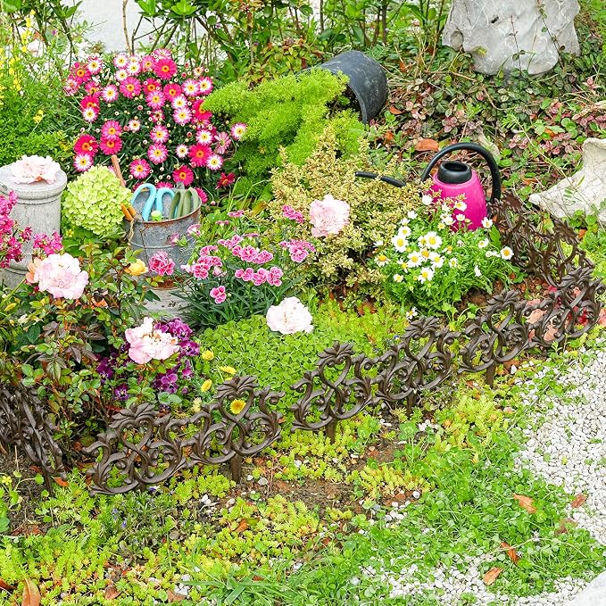Sungmor Decorative Cast Iron Garden Edging,4 Pack Vintage Garden Border Fence for Lawn, Flower Beds and Patio,Heavy Duty Rustic Ornate Metal Fences,Brown Finish