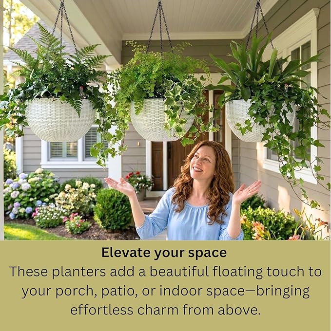 LaLaGreen Hanging Planters for Indoor Plants (11 Inch, 3 Pack) Self-Watering Round Flower Pots with Water Level Indicator, White Rattan Style Baskets with Metal Chain for Balcony, Porch Garden Outdoor