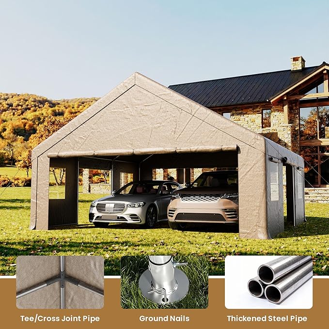 COSIEST 20'×20' Storage Shelter Outdoor Gable Roof Carport with Removable Side Walls, Heavy-Duty Garage Canopy Weatherproof PE Cover, Multi-Purpose Vehicle/Tractor Shed for Backyard/Driveway/Farm