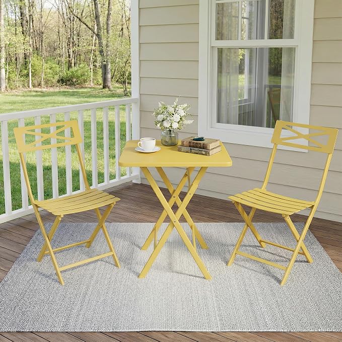 GarveeTech 3-Piece Folding Bistro Set, Heavy Duty Outdoor Patio Furniture with 2 Chairs & 1 Table, Weather-Resistant Steel Frame, No Assembly Required for Garden, Yard, Balcony,Yellow