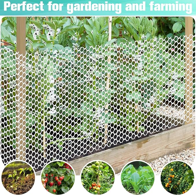 Plastic Mesh Fence Sheet 15.7IN x 10FT - 0.3IN Opening Plastic Chicken Wire Netting Roll Durable for Dogs, Poultry, Puppy, Garden Snake Barrier with 50 Pcs Zip Ties - White