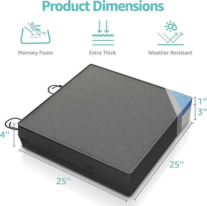 YENING 25x25 Memory Foam Outdoor Chair Cushions Waterproof 4 Inch Extra Thick Patio Seat Pads for Furniture Grey Set of 2