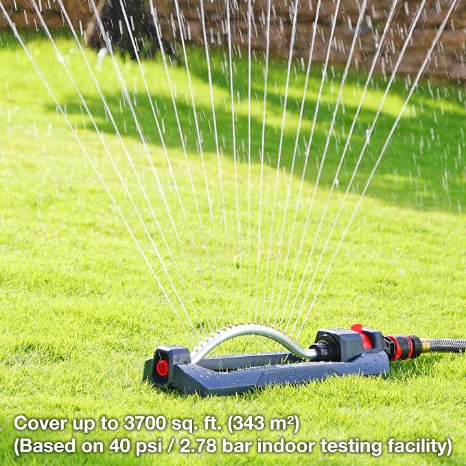 Eden 96217 Turbo Oscillating Sprinkler, Covers Up to 3,500 sq. ft., 18 Brass Nozzles, Sturdy Weighted Base, Adjustable Range, Quick Connect Bundle, Black, Red, Silver