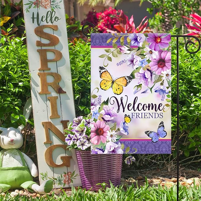 Texupday Welcome Friends Floral Blooms Butterfly Decoration Seasonal Spring Summer Garden Flag Outdoor Yard Flag 12" x 18"