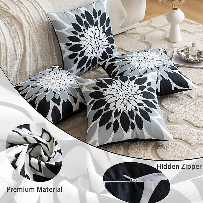 Qahing Pack of 4 Outdoor Waterproof Pillow Covers 18x18 Decorative Outdoor Throw Pillows Garden Square Cushion Cases for Patio Furniture, Couch, Tent Sunbrella, Bench, Black Grey