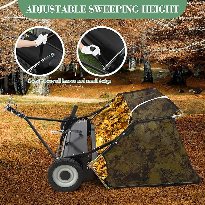 Garvee 48 in Lawn Sweeper Tow Behind, 25 cu.ft. Large Pull Behind Grass Sweeper, Heavy Duty Leaf & Grass Collector with Dumping Rope Design, Adjustable Sweeping Height for Picking Up Debris & Grass