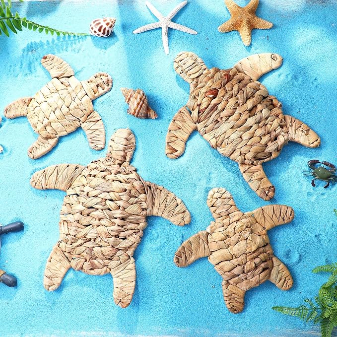 Threehoney 4 Pcs Sea Turtle Beach Theme Decor Handmade Wicker Turtle Wall Decor Sea Life Hanging Wall Art Coastal Nautical Sculpture Table Decoration for Boho Bathroom Indoor Outdoor Ornament