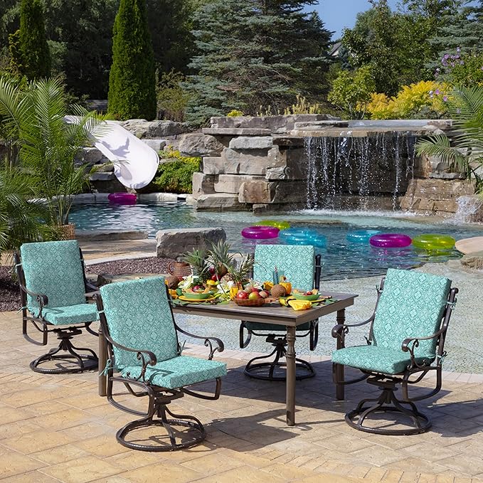 Arden Outdoor Dining Chair Cushion, 2 Pack, 20 x 20, Rain-Proof, Fade Resistant, Turquoise Daphne Medallion
