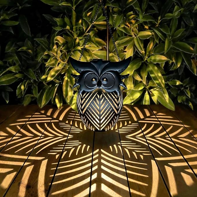 Hanging Owl Solar Lantern, Outdoor Waterproof Metal Solar Lights with Palm Leaf Shadow, Decorative Garden Lanterns for Yard Art Patio Decor, Whimsical Gifts for Women, Black