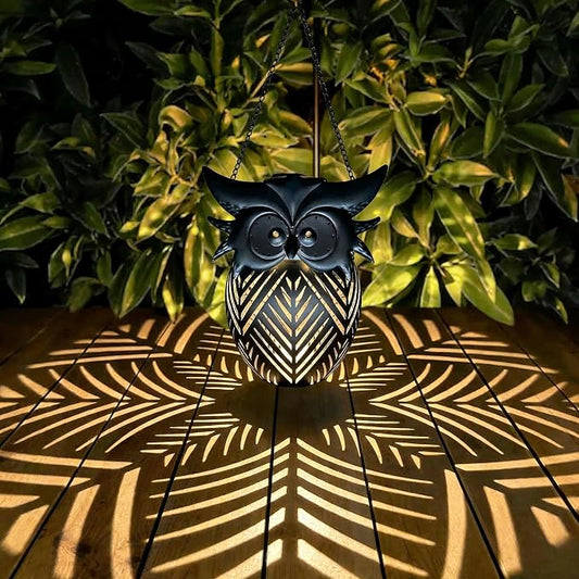 Hanging Owl Solar Lantern, Outdoor Waterproof Metal Solar Lights with Palm Leaf Shadow, Decorative Garden Lanterns for Yard Art Patio Decor, Whimsical Gifts for Women, Black