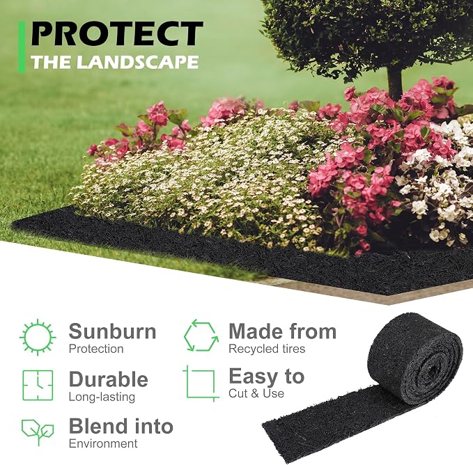 Adnee 140 x 5.5 Inch Reversible Rubber Mulch Mat, 2 Roll Black Recycled Rubber Walkway, Permanent Garden Edging Barrier Mat for Landscaping Plants Vegetables Flowers