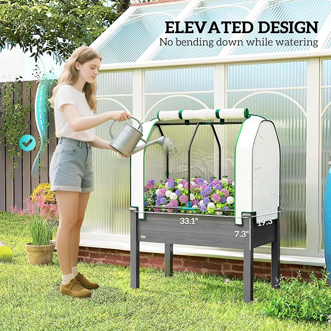Outsunny Raised Garden Bed with PE Greenhouse Cover Outdoor Elevated Wood Planter Box for Herbs and Vegetables, Use for Patio, Backyard, Balcony, 35 x 22 x 47 inch, Dark Gray