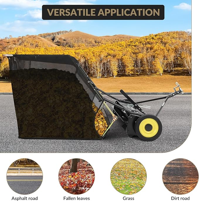 Tow Behind Lawn Sweeper, 44" Pull Behind Collector – Large Capacity Leaf & Grass Collector with Adjustable Height, Dumping Rope Design for Debris and Lawn Clippings