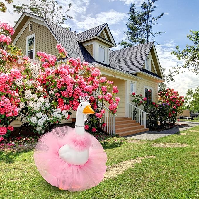 4 Pcs Princess Porch Goose Outfit for 23" 17" Cement Lawn Goose Costume Crown Necklace Tutu Skirt Feather Trim for Princess Outdoor Garden Lawn Art Decor(Pink)