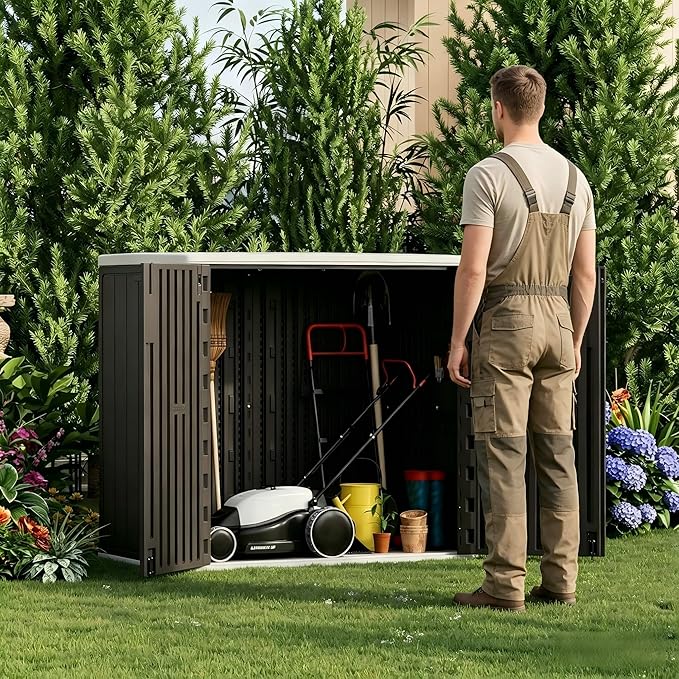 37 Cu. Ft Outdoor Storage Box, Waterproof Resin Shed with Lockable Lid, Horizontal Outdoor Storage Cabinet for Patio Garden Lawn Mower Bike Tools, Wood-Like HDPE Panels, Easy Assembly
