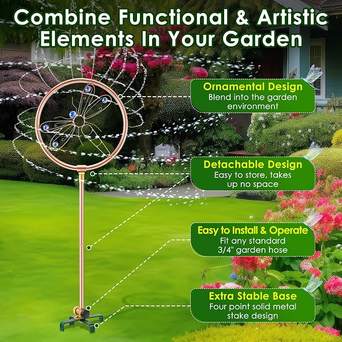 34" H Copper Coated Stainless Steel Ornamental Sprinkler, Corrosion Resistant Garden Rotating Sprinkler 360 Degree Shape Decorative for Lawn Garden Landscape(Dragonfly)