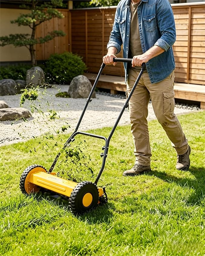 Eco-Friendly Quiet Hand Push Lawn Mower – 16-Inch 5-Blade Manual Reel – Adjustable Cutting Height, Lightweight, Easy Assembly – Ideal for Small to Medium Yards – Yellow | 16 inches - Color