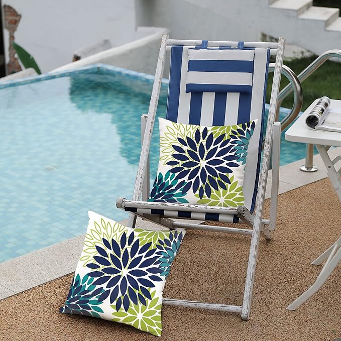 DFXSZ Navy Blue Flower Pillow Covers 16x16 Inch Set of 2 White Gray Colored Throw Pillows Outdoor Waterproof Decor for Living Room Sofa Patio Funiture Garden Floral Polyester Pillow Covers 002P16