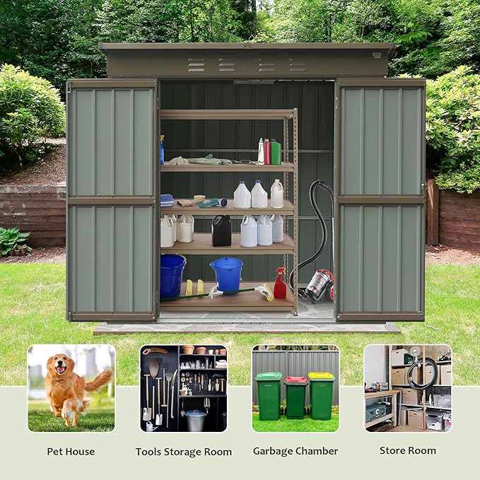 Christopher Knight Home Avonn Outdoor Storage Shed 6x4 FT, Metal Tool Sheds Storage House with Lockable Double Door, Large Bike Shed Waterproof for Garden, Backyard, Lawn, Brown