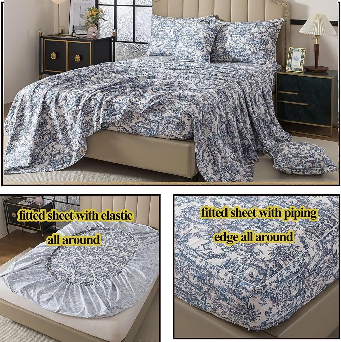 FADFAY Blue Toile Sheets Set Queen French Country Vintage Farmhouse Bedding Exotic Scenic Chinoiserie Floral Bedding 100% Egyptian Cotton Soft Breathable Sheet Set with Deep Pocket Fitted Sheet 4Pcs