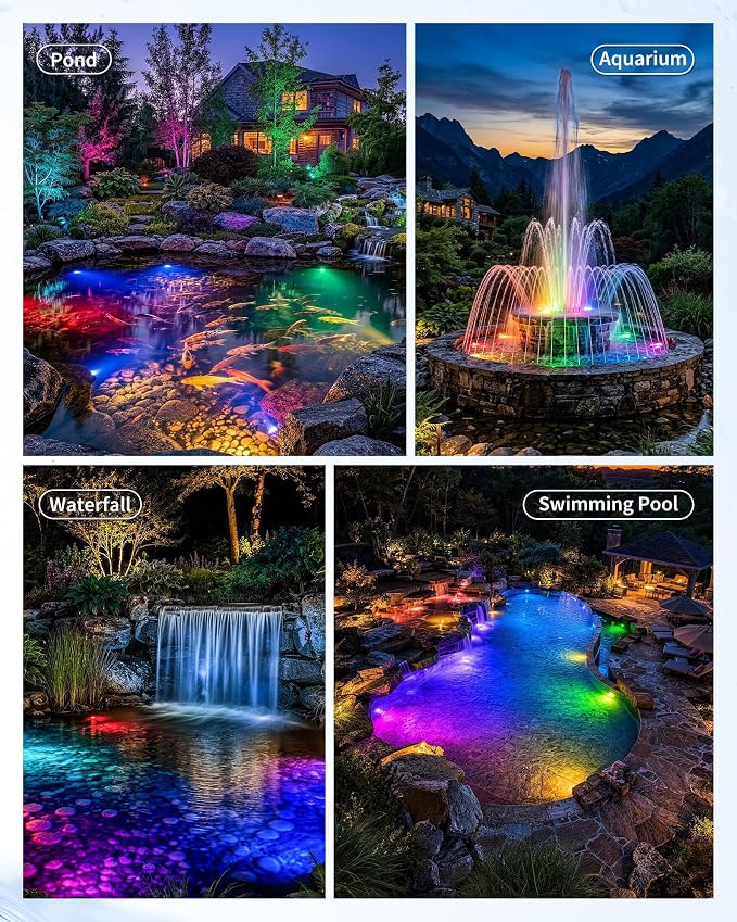 POPOSOAP 8W Solar Pond Lights with Remote Control, RGB Multi-Color Underwater Solar Lights with Timer & Memory Function for Pond, Fountain, Pool, Garden, Aquarium(6 Headlamp)-P68WC