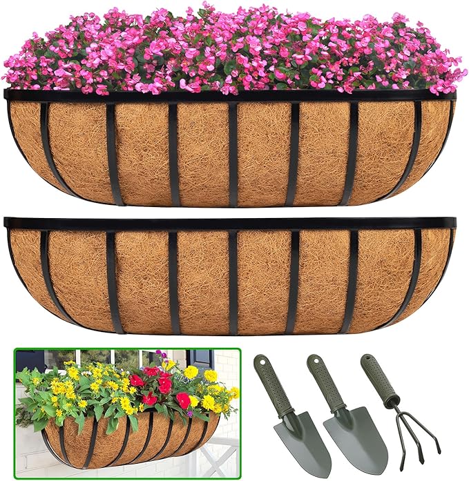 LCHUANG Railing Planter Window Box - 2 Pack 30 Inch Deck Balcony Rail Planter with Coconut Coir Liner, Fence Metal Hanging Flower Planter Basket Deck Railing Planter Boxes for Outdoor Garden