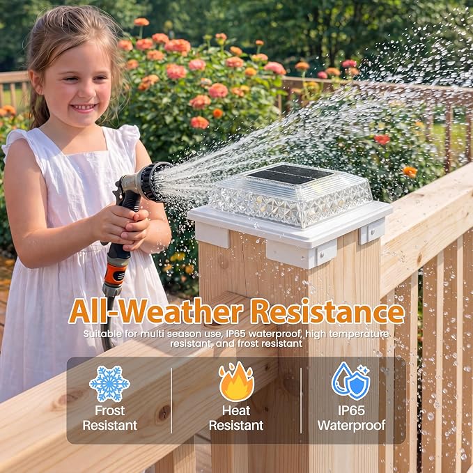 APONUO Solar Post Cap Lights, 3 Color Modes & 2 Brightness, Adjustable Base Fits 4x4 5x5 6x6 Posts (3.5-5.5 Inch), IP65 Waterproof, Deck & Fence Post Lights Solar Powered with Screws, White, 4 Pack