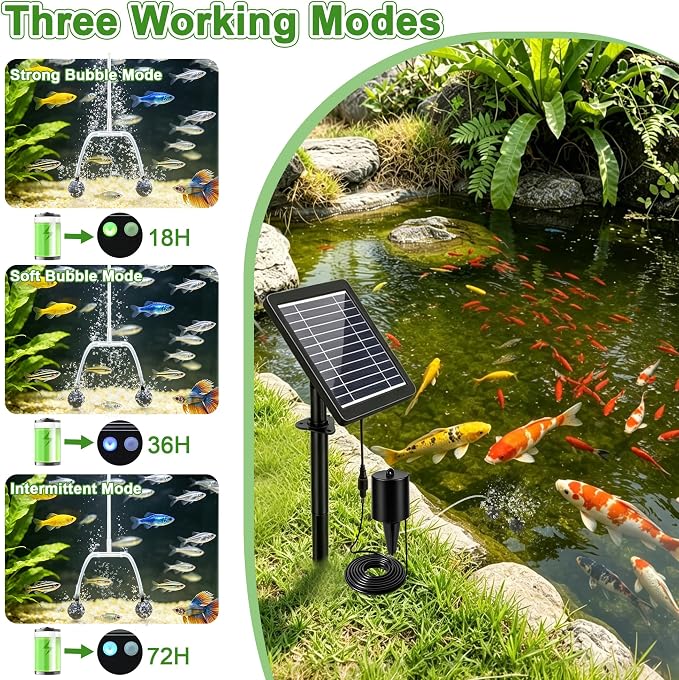 4W Solar Pond Aerator, Solar Aquarium Air Pump with 2 Air Stones, Three Working Modes, Solar Pond Oxygen Pump for Fish Tank, Outdoor Small Pond, Hydroponics