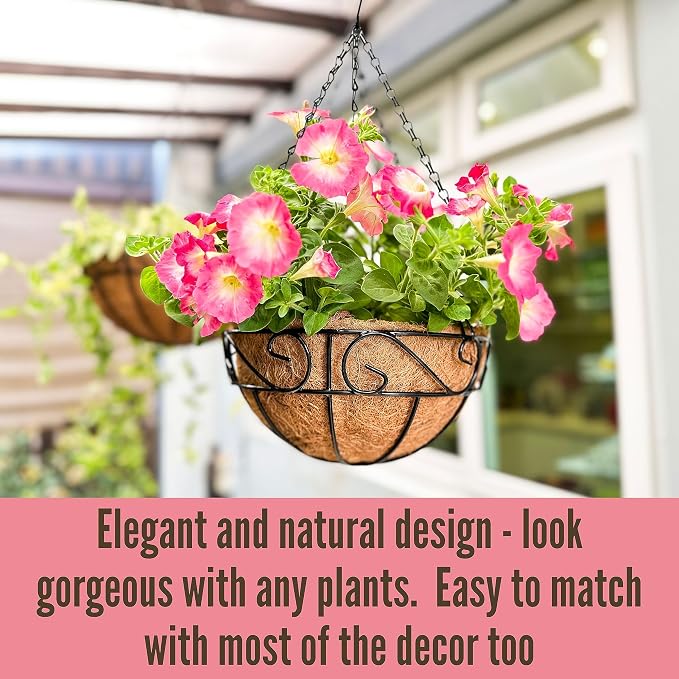 LaLaGreen Bundle- 2 Pack, 12 Inch Hanging Basket with Coco Liner + 10 Pack,24 Inch Decorative Garden Fence Black Metal Wire Landscape Edging Balcony Patio Porch Flower Plant Pot Farmhouse Style Garden
