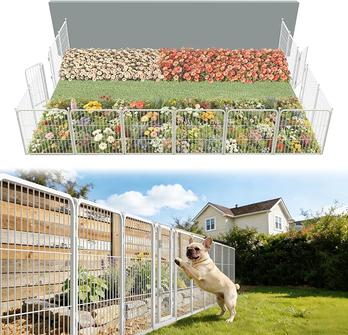 FXW Garden Fence Outdoor for the Yard – 24in(H) x 30.4ft(L) Heavy Duty Metal Animal Barrier for Dog, No Dig Decorative Dog Fence, 16 Panels, White