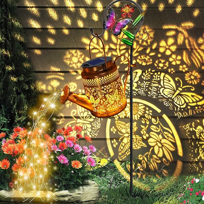 Solar Butterfly Watering Can Lights, Gifts for Mom Grandma Women Wife Daughter Mother's Day, Waterproof Hanging Lantern Lights with Shepherd Hook, Outdoor Decor for Garden Patio Yard Porch Backyard