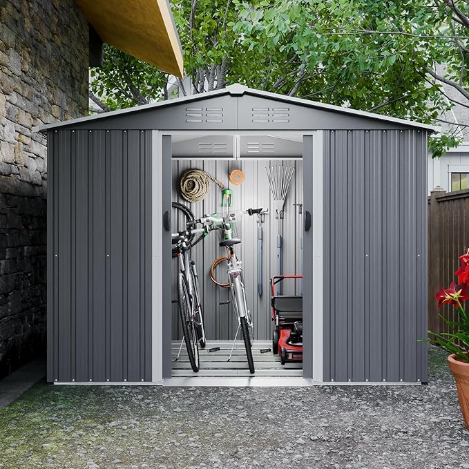 YOPTO 8X6 FT Outdoor Storage Shed with Roof,Waterproof House Tool Cabinet W/Metal Foundation & Lockable Doors,for Shovels,Umbrellas,Antennas,Escalators,Gray