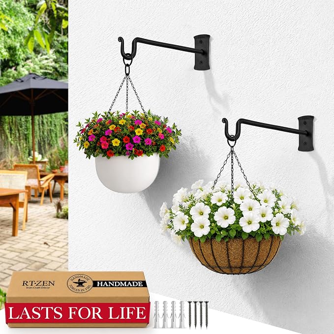 RTZEN Plant Hangers Outdoor or Indoor - Wrought Iron Metal Hanger Indoor Hook - Heavy Duty Wall Bracket Hooks for Hanging Plants Baskets Lanterns Bird Feeders - 2 Pack (Black Shepherds Hooks 10")