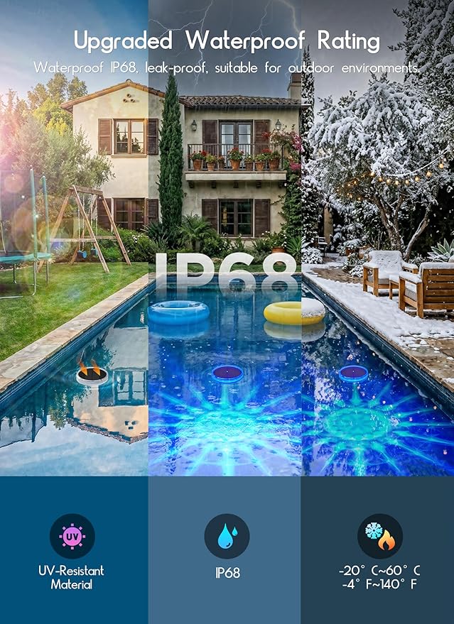 Floating-Solar-Pool-Lights 2 Pack, RGBWW 12 Lighting Modes, 3 Dimming & Timing IP68 Waterproof with Remote Control, Solar Floating Pool Lights for Above Ground Pools Inground Pools Accessories Bathtub