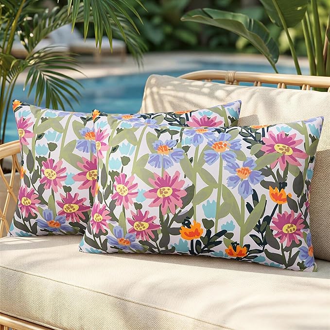Pyonic Floral Outdoor Lumbar Pillows Covers 12x20 inch Waterproof Spring Summer Decor Outdoor Pillows for Patio Furnture Garden Bench Porch