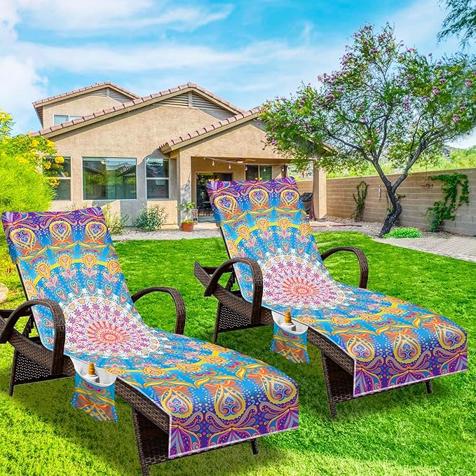 Lounge Chair Towel Cover, Beach Chair Cover (Pack of 2), Pool Lounge Chair Covers for Outdoor,Garden, Beach,Sun Lounger,Hotel Pool,Large Size and No Sliding, 85" X 30", (Mandala Purple)