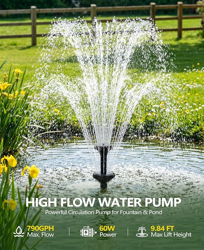 KimFilter Submersible Koi Pond Filter with Fountain Pump Kit - 790 GPH 60W Energy-Saving | 3 Adjustable Spray Nozzles | 33FT Weatherproof Cord | Filter Pump for Outdoor Ponds, Water Feature, Bird Bath