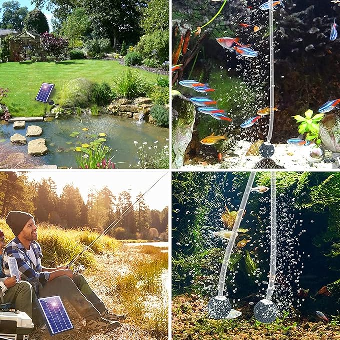 Andoer Pond Oxygenator Solar Powered, Solar Oxygen Pump Aquarium Oxygen Air Pump Fishing Aerator with Pipe 2 Air Bubble Stones for Garden Fish Tank Outdoor Pool Pond (6W)