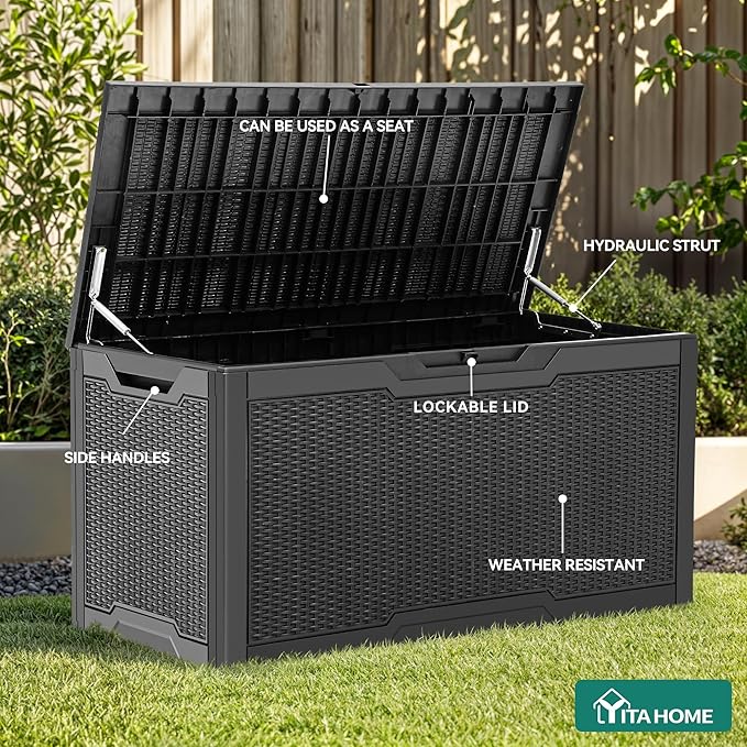 YITAHOME 100 Gallon Large Deck Box, Outdoor Resin Storage Boxes for Patio Furniture, Outdoor Cushions, Garden Tools, Water Resistant and Lockable