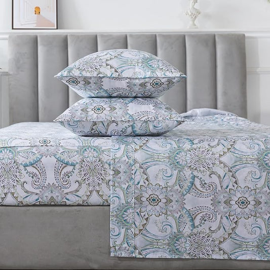 FADFAY Blue Paisley Sheets Set King Classic Boho Paisley Bedding Luxurious Bohemian Damask Paisley Bed Sheet Breathable 100% Egyptian Cotton 800 Thread Count Deep Pocket Fitted Sheet 4Pcs, King Size
