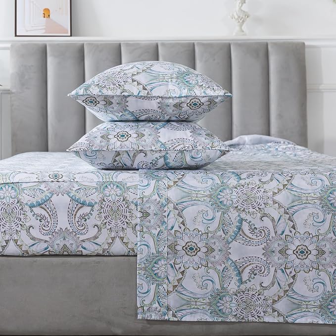 FADFAY Blue Paisley Sheets Set Twin Classic Boho Paisley Bedding Luxurious Bohemian Damask Paisley Bed Sheet Breathable 100% Egyptian Cotton 800 Thread Count Deep Pocket Fitted Sheet 4Pcs, Twin Size