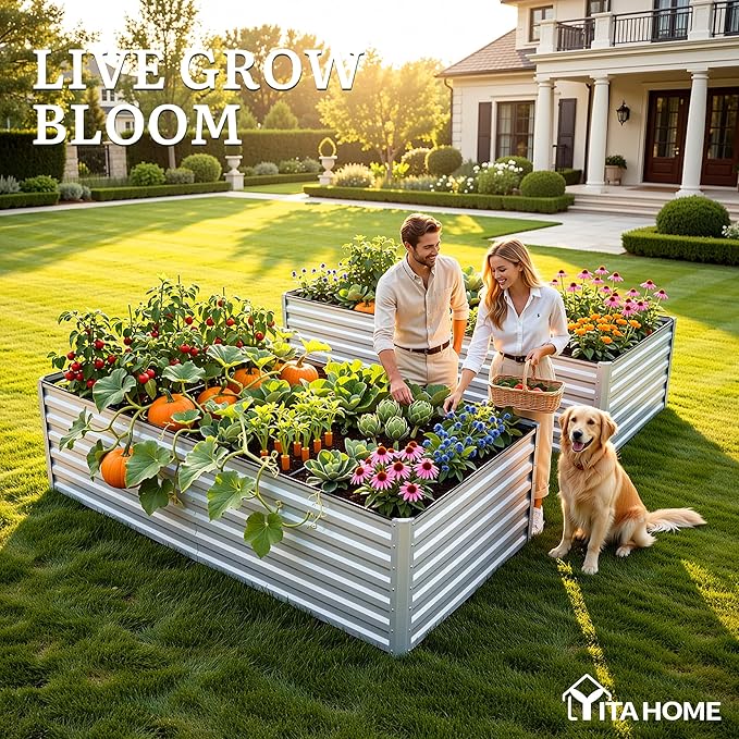 YITAHOME 8x4x2ft 2pcs Large Raised Garden Bed Kit, Galvanized Metal Planter Box with Gloves, Ground Nails & Safety Rubber, Outdoor Above Ground Planters for Plants Vegetables Flowers, Silver Gray