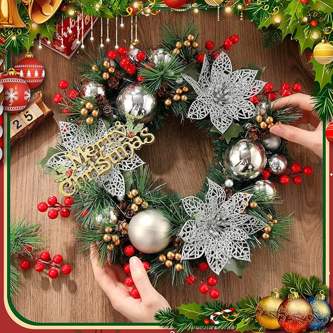 100 Pieces Mini Artificial Christmas Floral Pine Picks Red Berry Picks Holly Red Berry Stems Green Pine Needles for Christmas Tree Wreath Gifting Props Winter Holiday