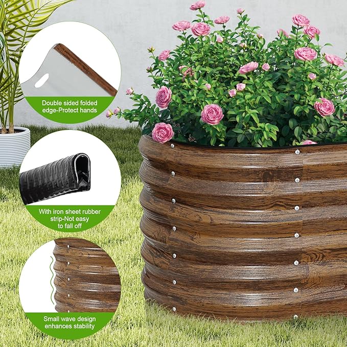 ZORMY Galvanized Raised Garden Bed Outdoor- 8x2x1.4ft Oval Steel Raised Beds for Gardening, Metal Planter Box with Protective Strip and Gloves for Vegetables, Flowers, Fruits(Brown)