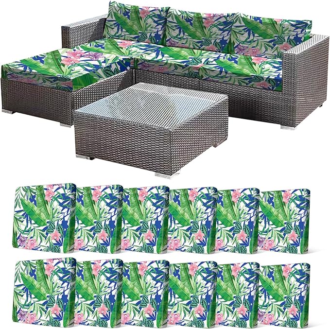 CALBODE 12 Pcs Outdoor Seat Cushion Covers, Stretch Chair Seat Cover for Patio Furniture Cushions Washable Reusable Indoor/Outdoor Couch Cover Replacement (Tropical Plant, Cover Only)