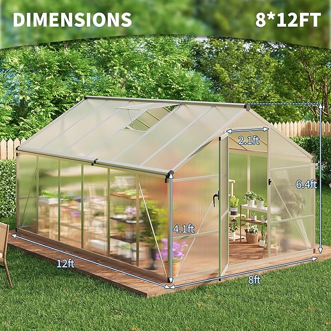 8x12 FT Greenhouse for Outdoors, Polycarbonate Greenhouse with Roof Vent, Ground Nails, Lockable Push Door, Aluminum Large Walk-in Green House for Outside Garden Backyard, Patio, Lawn, Silver
