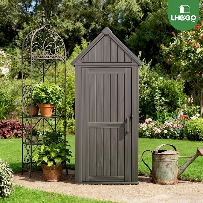 LHBGO Outdoor Storage Shed with Door & Shelf, Large Capacity Weatherproof Garden Tool Cabinet with Multiple Hooks for Backyard, Patio, Lawn（Gray